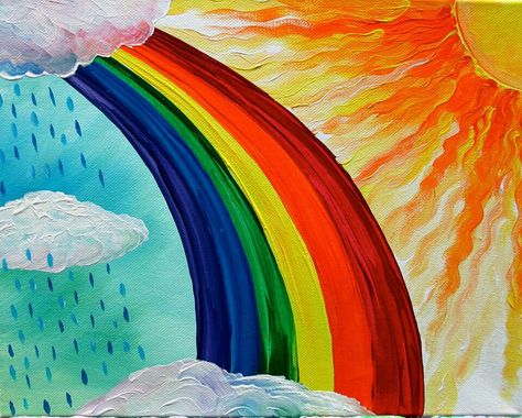 Rainbow Rainbow Painting Ideas, Rainbow Canvas Painting, Directed Drawing Kindergarten, Rainbow Canvas Art, Rainbow Colors Art, Kids Canvas Painting, Rainbow Drawing, Kindergarten Art Lessons, Painting Nursery