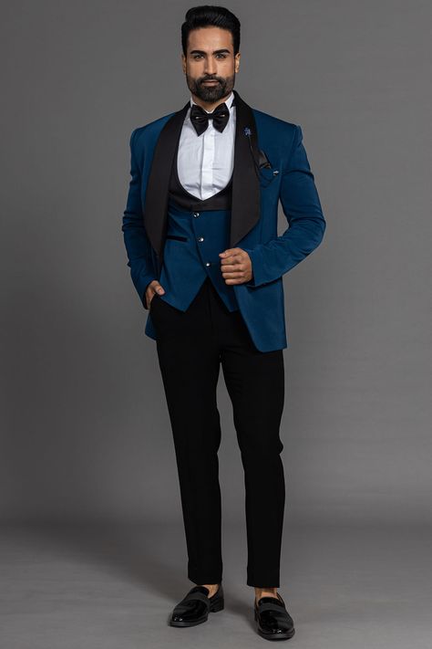 Buy Peacock Blue Woven Italian Tuxedo Suit Online | Samyakk Tuxedo Suit Men Wedding Ideas, Designer Tuxedo Men Grooms, Social Outfits, Italian Tuxedo, Best Wedding Suits For Men, Shadi Dress, Indian Wedding Suits Men, Cocktail Suit, Mens Tuxedo