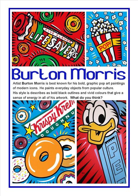 Burton Morris Pop Art Lesson, Middle School Pop Art, Pop Art Lesson High School, Pop Art High School, Ks3 Art Ideas, Pop Art Bulletin Board, Ks3 Graphics Projects, Pop Art Projects High School, Pop Art Art Lesson