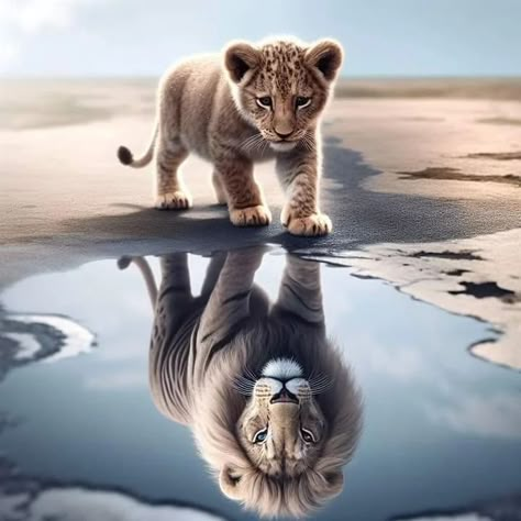 A curious baby lion cub looking into a puddle of water with a reflection of itself as an adult lion with large bushy mane, rendered in a photorealistic style with elements of fantastic realism. . . . . . . . . . . . . . . . . . #lionimages #insparing #inpirationalquotes #motivational #inspartional #motivation #postoftheday #photooftheday #aiimages ##tranding #viralreels #viral #viralvideos #instagrmreels #funny #motivationlimages #deepmeaningimages @_neeraj__2926 Lion Cub Tattoo, Puddle Of Water, Baby Lion Cubs, Cubs Tattoo, Night Wolf, Lion Photography, Lions Photos, Lion Wallpaper, Lion Images