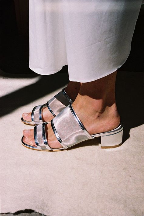 silver slides // maryam nassir zadeh Silver Block Heel Sandals, Block Heel Mule, Square Toe Shoes, Mesh Heels, Maryam Nassir Zadeh, Silver Heels, Stylish Shoes, Block Heels Sandal, Slip On Sandal