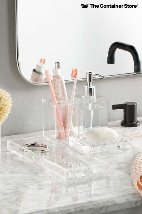 Sometimes, getting started is the hardest part of getting organized. That's why we created Starter Kits. For this kit, we've pulled together easy pieces for storing everyday essentials and de-cluttering a busy bathroom countertop.

Our Acrylic Square Bath Starter Kit includes:
(1) Acrylic Square Brush Holder
(1) Acrylic Soap Dish
(1) Acrylic Square Toothbrush Holder
(1) Acrylic 12 oz. Square Soap Pump Dispenser
(1) Hinged-Lid Boutique Tissue Box
(1) Small Acrylic Tray Acrylic Bathroom, Bath Kit, Square Bath, Soap Pump Dispenser, Bathroom Countertop, Fridge Organization, Tray Organization, The Container Store, Soap Pump