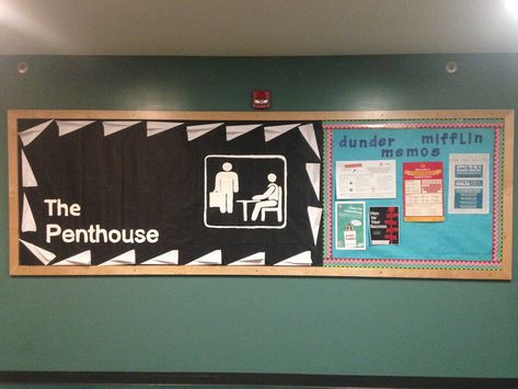 Welcome board for The Office theme. Half of the bulletin board dedicated to the theme (This was on the 13th floor, determined by residents as the penthouse), while the other side was dedicated to having an area for posters to hang. Real 3D paper airplanes used on the left side! The Office Themed Bulletin Board, The Office Ra Bulletin Boards, The Office Door Decs, The Office Ra Board, The Office Bulletin Board, The Office Classroom Theme, Residence Life Bulletin Boards, Res Life Bulletin Boards, History Classroom Decorations