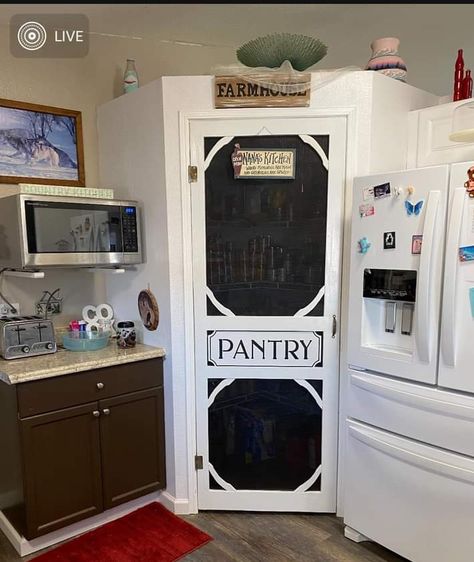 Screen Door Pantry Farmhouse, Screen Doors For Pantry, Pantry Screen Door Ideas, Mobile Home Pantry Ideas, Screen Door Pantry, Rustic Pantry Door, Home Projects Diy, Diy Mobile Home Remodel, Mobile Home Remodel