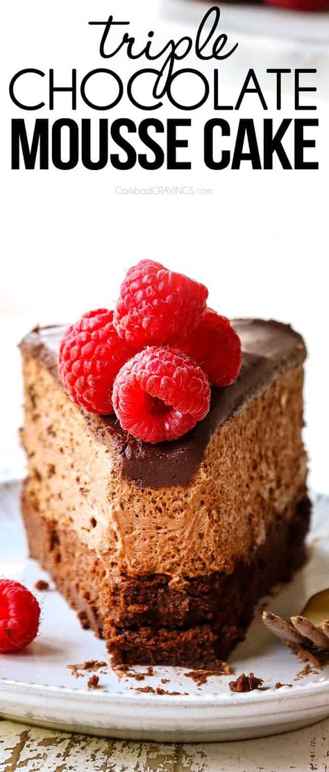 Chocolate Mousse Cake (gluten free + make ahead) Step by Step Photos! Gluten Free Mousse Cake, Triple Chocolate Mousse Cake, Cravings Recipes, Chocolate Mousse Cake Recipe, Dessert Mousse, Mousse Cake Recipe, Cake Gluten Free, Night Recipes, Carlsbad Cravings