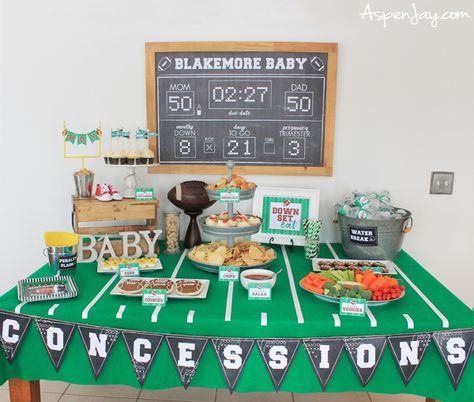 A Football Baby Shower that is sure to be a touchdown! - Aspen Jay First Year Down Football Birthday Brown Paper Table Cloth, Espn Baby Shower Theme, Football Themed Birthday Party Target, Football Baby Shower Theme, Party Food Table Ideas, Football Themed Food, Concessions Banner, Football Baby Shower, Football Theme Party