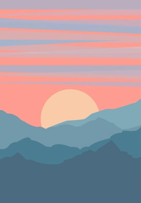 Sunset Mountain Mural, Mountain Sunset Art, Mountain Sunset Painting, Sunset Mural, Sunset Drawing, Sunset Illustration, Procreate Ideas, Mountain Sunset, Pop Art Wallpaper