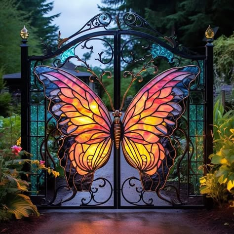 Butterfly Gate, Apaneca, Butterfly Door, Garden Fence Art, Glass Window Art, Stained Glass Butterfly, Fence Art, Glass Butterfly, Dream House Interior