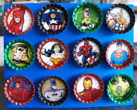 Comic Book Super Hero Magnets  bottle cap magnets Comic Crafts, Resin Jewelry Ideas, Comic Book Crafts, Hero Crafts, Comic Party, Bottle Cap Jewelry, Bottle Cap Magnets, Superhero Crafts, Nerd Crafts