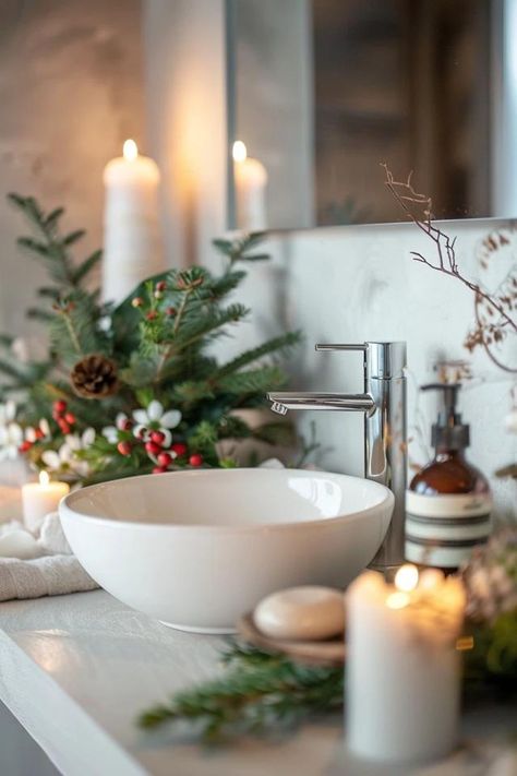 Festive Christmas Bathroom Decorating Ideas for You Simple Christmas Bathroom, Powder Room Christmas Decor Ideas, Powder Room Sink Decor, Bathroom Decor For Christmas, Christmas Decor In Bathroom, Christmas Bathroom Decor Ideas Simple, Powder Room Christmas Decor, Decorating Bathroom For Christmas, Bathroom Xmas Decor