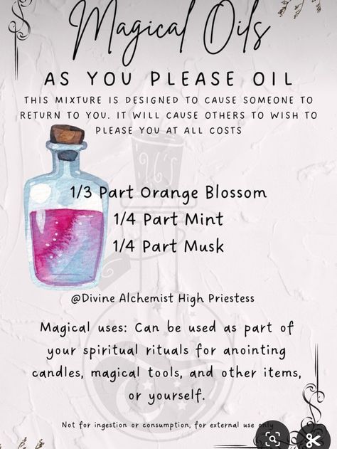 Essential Oils For Attraction, Magical Oils Recipes, Diy Witchy Oils, Grimoire Topics, Attraction Oil Recipe Witchcraft, Dream Oil Witchcraft, Wiccan Designs, Witch Oils, Magical Oils Witch