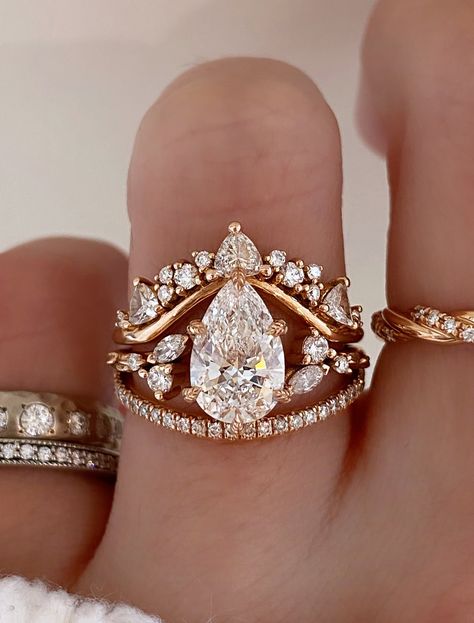 Harmony, Tempest, & Bella Ring Set: Whimsical Leafy Engagement Ring Stack | Ken & Dana Design Rose Gold Engagement Ring Stack, Unique Ring Settings Design, Gold Wedding Ring Stack Ideas, Bohemian Style Engagement Ring, Luxury Bridal Sets With Intricate Design, Stacked Pear Wedding Rings, Fantasy Style Engagement Ring, Modern Vintage Engagement Rings, Gold Diamond Bridal Sets With Intricate Design