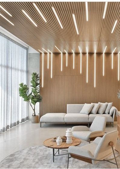 Ceiling Reception Design, Modern Pvc Ceiling Design For Hall, Wood Slats Ceiling Design, Beauty Salon Ceiling Design, Reception Ceiling Design, Pvc Panel Ceiling Design, Fluted Ceiling, Pvc Wall Panels Designs, Wall Panel Designs