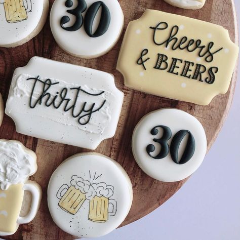 Tracy | Camlachie, On’s Instagram photo: “Happy Monday! Cheers 🍻 . . . #cheersandbeers #beercookies #cheersandbeerscookies #thirtycookies #birthdaycookies #celebrationcookies…” Cheers And Beers Cookies, Cheers To 30 Years Cookies, Man Birthday Cookies Decorated, 30th Birthday Cookies For Men, 30 Birthday Cookies, Cheers Cookies, Whisky Cookies, 30th Birthday Cookies, Cookie Themes