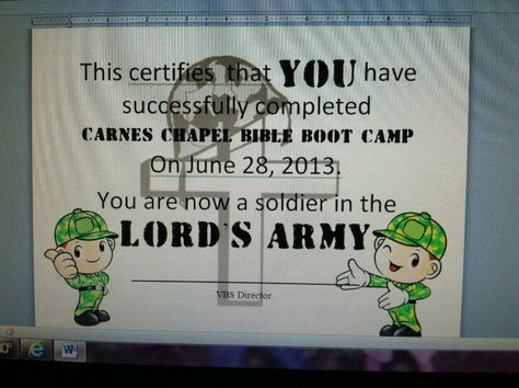 Diploma for bible boot camp lords army Bible Boot Camp, Sunday School Themes, Army Armor, God's Army, Jesus Army, Camp Vbs, Army Theme, Vacation Bible School Themes, Army Crafts