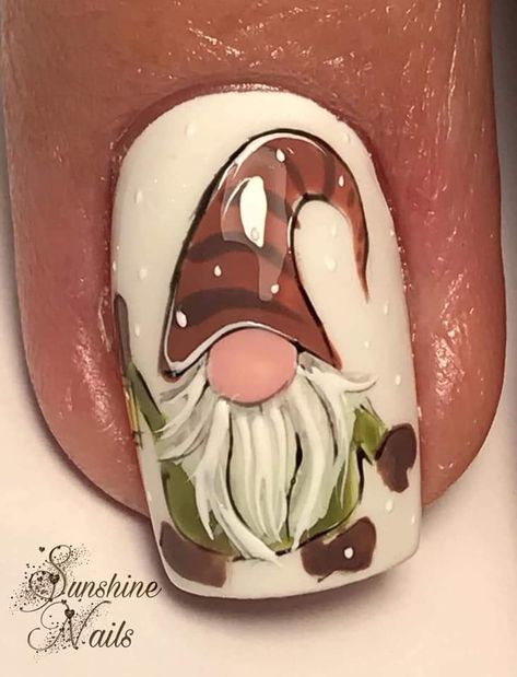 Gnome Nail Designs Fall, Autumn Gonk Nails, Gnome Nail Art Designs, Gnome Fall Nails, Fall Gnome Nail Art, Gnome Nails Fall, Thanksgiving Gnome Nails, Nails With Gnomes, Fall Gnome Nail Designs