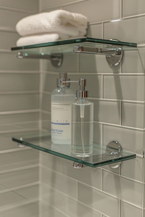 28 Stylish Shower Shelf Ideas for Every Bathroom Shower Shelf Aesthetic, Shower Shelves Aesthetic, Aesthetic Shower Shelves, Glass Shower Shelf, Shower Shelves Ideas, Glass Shower Shelves, Industrial Metal Shelving, Glass Corner Shelves, Black Metal Shelf