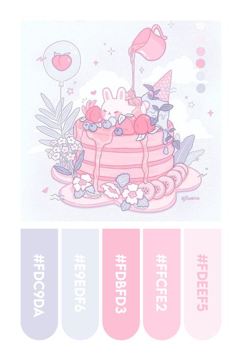 A cute color palette to inspire your next drawing! Colors picked from an illustration by @ajtuana 🥰💕 Pastel Cool Color Palette, Kawaii Colors Palette, Cute Pastel Palette, Kawaii Pallete Color, Pastel Pink Pallet, Cute Colour Pallete, Colors Aesthetic Palette, Kawaii Color Pallete, Procreate Color Palette Pastel