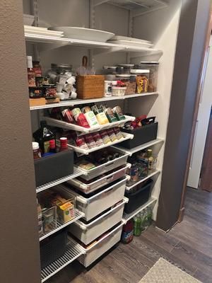 Elfa Pantry Ideas, Reach In Pantry, Elfa Pantry, Condo Makeover, Rolling Carts, Elfa Shelving, Efficient Kitchen, Pantry Closet, Under Sink Storage