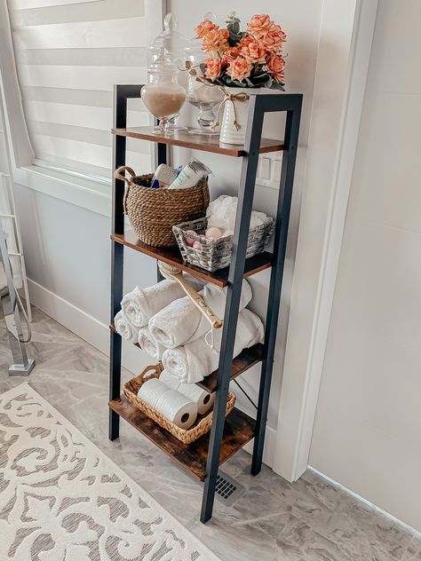 Bathroom Decor Ladder Shelf, Bathroom Ladder Shelf Decor, Bathroom Standing Shelf, Towel Shelf Bathroom, Gracefully Glam, Bathroom Bookshelf, Ladder Shelf Bathroom, Bathroom Ladder Shelf, Ladder Shelf Decor