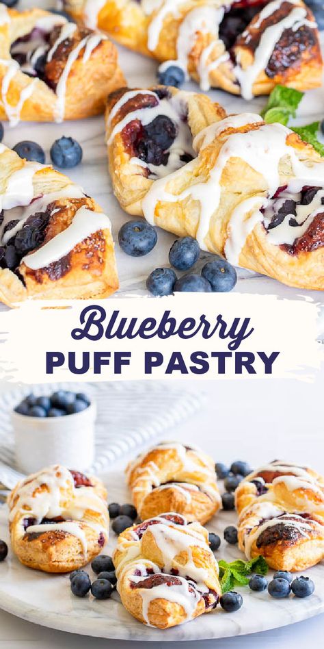 Blueberry Danish is made with fresh blueberries, blueberry jam or blueberry preserves, and puff pastry that is flaky and buttery and drizzled with a sweet lemon cream cheese icing! #BlueberryDanish #BlueberryPuffPastry #CreamCheeseIcing #FlavorMosaic Lemon Blueberry Cream Cheese Danish, Puff Pastry Recipes Blueberries, Blueberry Pastry Puff, Blueberry Cream Cheese Puff Pastry Recipes, Puff Pastry Fruit Recipes, Blueberry Preserves Desserts, Puff Pastry With Blueberries, Puff Pastry Blueberry Cream Cheese, Puff Pastry Blueberry Recipes