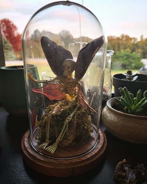 Dollar tree, thrifted, diy project for spooky decor. Crystal Guardian. Terrarium Ideas Halloween, Enchanted Forest Halloween Decorations, Spooky Forest Decor, Skull Terrarium Diy, Creepy Terrarium, Emo Fairy, Dollar Tree Skeleton Fairy, Skeleton Fairy Terrarium, Crystal Centerpieces