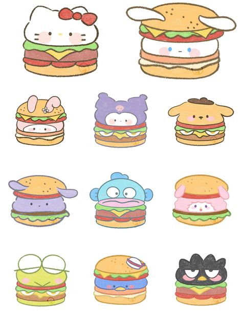 Kuromi Food Drawing, Sanrio Crafts, Burger Drawing, Friends Cafe, Cute Kawaii Animals, Kitty Drawing, Clothing Design Sketches, Hello Kitty Drawing, Architecture Drawing Art