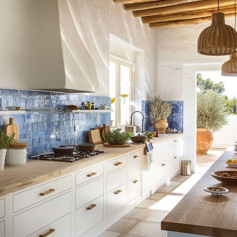 Mediterranean Kitchen Design Ideas You Need To See Today - Posh|Chic|Cool Kitchen Interior Mediterranean, Mediterranean Tiles Kitchen Backsplash, Kitchen Ideas Italian Style, Italy Kitchen Design, Blue Mediterranean Kitchen, Mediterranean Interior Design Apartment, Mediterranean Cottage Interior, Portuguese Kitchen Design, Meditteranean Kitchen