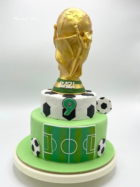 World Cup Football Cake, World Cup Trophy Cake, World Cup Soccer Cake, World Cup Birthday Cake, Fifa Cake, Football Cakes For Boys, Football Cake Design, Messi Birthday, Football Cakes