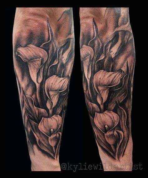 Cala Lilies added to a sleeve in progress by Kylie Wild Heslop Tattooist, Canberra, Australia www.kylietattoo.com Lily Sleeve Tattoo, Lily Tattoo Sleeve, Cala Lilies, Canberra Australia, Australia Vacation, Forearm Tattoo Women, Lily Tattoo, Tattoo Women, Tattoo Sleeve