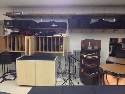 Main Percussion Storage Room 4 Home Instrument Storage, Band Room Organization, Music Instrument Storage, Percussion Organization, Auxiliary Percussion Storage, Instrument Case Storage, Percussion Mallet Storage, Drum Storage, Instrument Storage