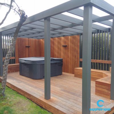 INSTALLATION IDEAS Spa Pool | Sapphire Spas Hot Tub And Bbq Area, Spa Pergola Ideas, Spa Decking Ideas, Sauna And Hot Tub Outdoor, Outdoor Spa Area Ideas, Hot Tub Enclosure Ideas, Spa Gazebo, Inground Spa, Hot Tub Shelters