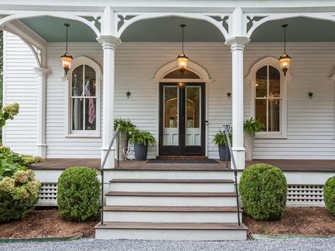 Victorian Farmhouse Exterior, Open Entryway, Darien Connecticut, Victorian Porch, Victorian Exterior, Folk Victorian, Arch Doorway, Victorian Farmhouse, Farmhouse Front Porches