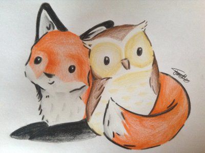 Fox Owl Tattoo, Fox And Owl Art, Owl Family Drawing, Wolf And Owl Drawing, Kawaii Fox Tattoo, Owl And Fox Tattoo, Disney Fox Drawing, Owl Doodle, Cartoon Owl