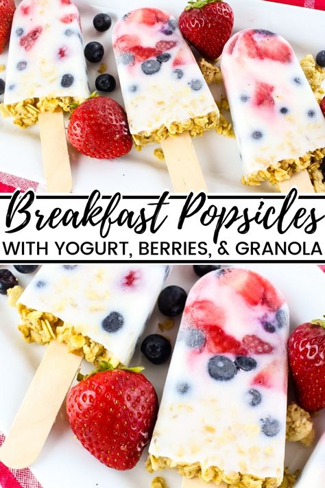 Breakfast Ideas With Yogurt, Easy Popsicle Recipes, Breakfast Popsicles, Frozen Yogurt Popsicles, Frozen Recipes, Yogurt Berries, Patriotic Recipes, Breakfast Yogurt, Springtime Recipes