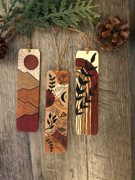 Laser Crafts To Sell, Woodburned Bookmarks, Wood Burning Crafts To Sell, Painted Bookmarks, Wooden Bookmarks, Wood Burn Designs, Landscape Inspiration, Creative Bookmarks, Wood Art Projects