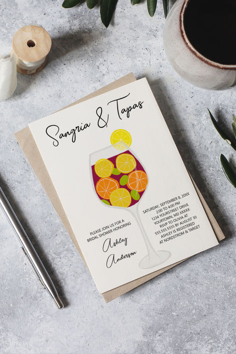 Spanish Sangria and Tapas Bridal Shower Invites for Spain Themed Events. Host at a Restaurant or Your Home. Spanish Themed Bridal Shower Ideas, Spain Wedding Theme, Spanish Party Theme, Spanish Bridal Shower Ideas, Spain Theme Party, Spanish Themed Party, Sangria Party, Spanish Sangria, Spanish Invitations