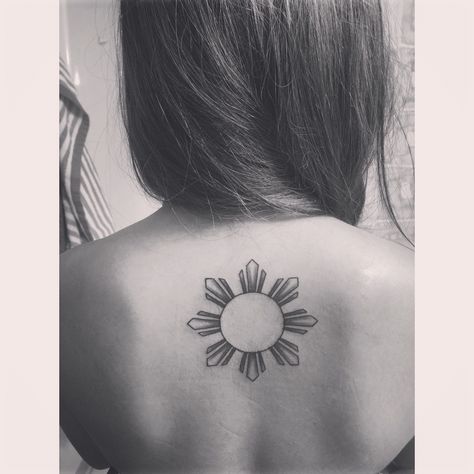 Filipino sun tattoo on back #filipinosun #pinoypride #filipinotattoo Filipino Sun Drawing, Philipino Sun Tattoo, Filipino Sun Back Tattoo, Philippine Sun Tattoo Design, Half Filipino Sun Tattoo, Filipino Sun Tattoo Design, Filipino Sun Tattoo Women, Philippines Tattoo Woman, Filipino Star Tattoo