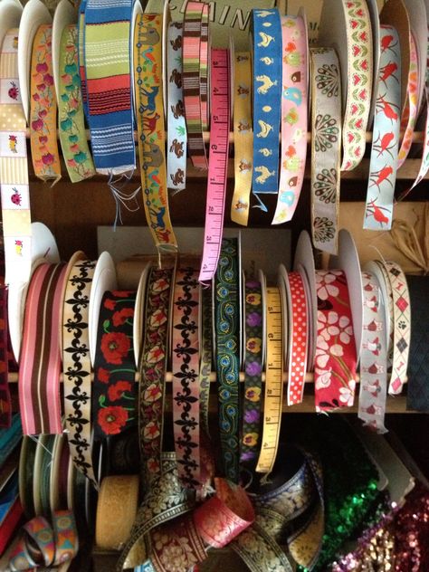 Sew Ribbon On Fabric, Ribbons Embroidered, Branded Ribbon, Pink Ribbon Mood Fabrics, Ribbon Collection, Jessica Day, Vintage Girls Dresses, Headband Holder, Cute Headbands