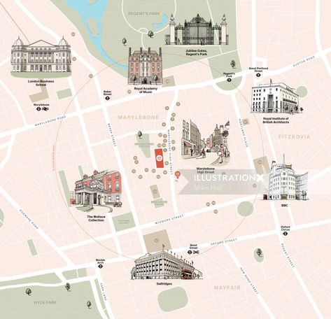 Famous places in London map design by Mike Hall Architecture Topography, Central London Map, Maps Illustration Design, Maps Illustration, City Maps Illustration, Urban Mapping, Colorful People, City Maps Design, Places In London