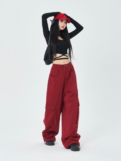 Red Pants Black Top, Kpop Idol Red Outfit, K Pop Fits, Red Black Concert Outfit, Red And Black Kpop Outfit, Korean Hiphop Outfits, Y2k Dance Outfit, Korean Red Outfit, Red Top Black Pants Outfit