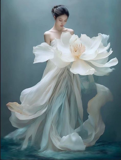 Lotus Dress, Enchanted Dress, Botanical Fashion, Expensive Fashion, Floral Textile, Flower Photoshoot, Dreamy Artwork, Lifestyle Art, Korean Art