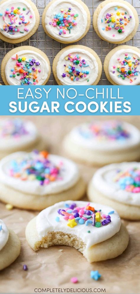 Welcome to the easiest sugar cookies you will ever bake! With a soft, tender texture and delightful vanilla flavor, these no-chill, no-roll sugar cookies topped with delicious buttercream frosting are a game-changer. These are the best sugar cookies for holidays, birthday celebrations, and all kinds of occasions big and small. | no chilll sugar cookie recipe | no chill sugar cookie dough | homemade sugar cookies no chill | homemade sugar cookies easy no chill | easy sugar cookie recipe Cookies Using Sugar Cookie Dough, Soft Sugar Cookie Recipe No Chill, No Roll Sugar Cookies Easy, Sugar Cookies No Chill Recipe, Beyond Frosting Sugar Cookies, Best No Chill Sugar Cookies, Icing Sugar Cookies Recipe, Soft Baked Sugar Cookies, Baking Recipes No Bake