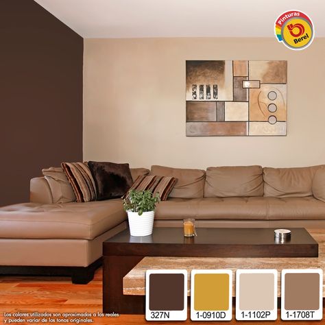 Colores cálidos llenen de confort tu sala! Living Room Colour Design, Brown And Blue Living Room, Interior Paint Colors For Living Room, Brown Living Room Decor, Living Room Wall Color, Room Wall Colors, Living Room Designs Small Spaces, Living Room Color Schemes, Room Color Schemes