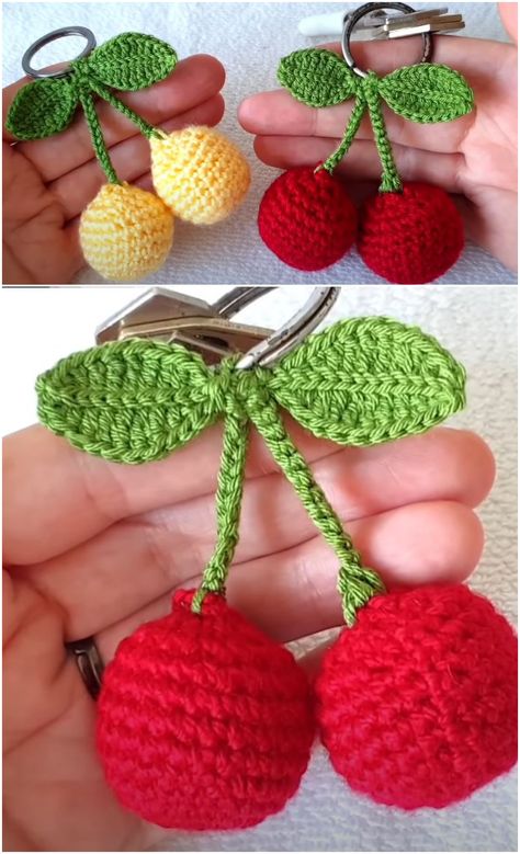 Crochet Cherry Key-chain Crochet Cherry Keychain Pattern Free, Cherry Crochet, Cherry Keychain, Crochet Cherry, Crochet Flowers Easy, Crochet Ball, Crochet Fruit, Crochet Keychain Pattern, Mode Crochet