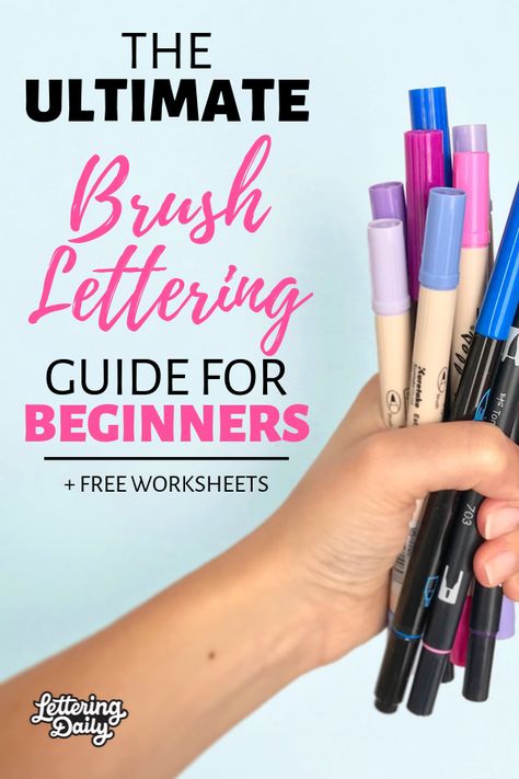 Learning brush lettering may seem challenging, especially when you don't know where and how to start. Lucky for you, we just published the definitive guide for brush lettering beginners. You will learn everything from the basic tools all the way to the fundamental brush lettering strokes. On top of that we have included a free brush lettering worksheet to put all the knowledge into practice.   #brushlettering #brushpen #lettering #brushcalligraphy #calligraphy #letteringforbeginners Brush Lettering Practice Sheets, Lettering Techniques, Brush Lettering Alphabet, Brush Lettering Tutorial, Brush Lettering Worksheet, Sai Brushes, Lettering Practice Sheets, Lettering For Beginners, Brush Lettering Practice