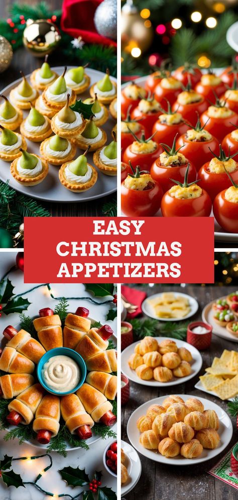 This Pinterest pin showcases easy Christmas appetizer recipes, perfect for holiday gatherings. The pin features a collage of appetizer images, including puff pastry bites, pigs in a blanket, and parmesan twists Appetizer Recipes Christmas, Appetizers Easy Recipes, Easy Finger Food Recipes, Finger Foods Appetizer Recipes, Christmas Appetizers Easy, Tasty Appetizers, Finger Food Recipes, Christmas Recipes Appetizers, Easy Finger Food