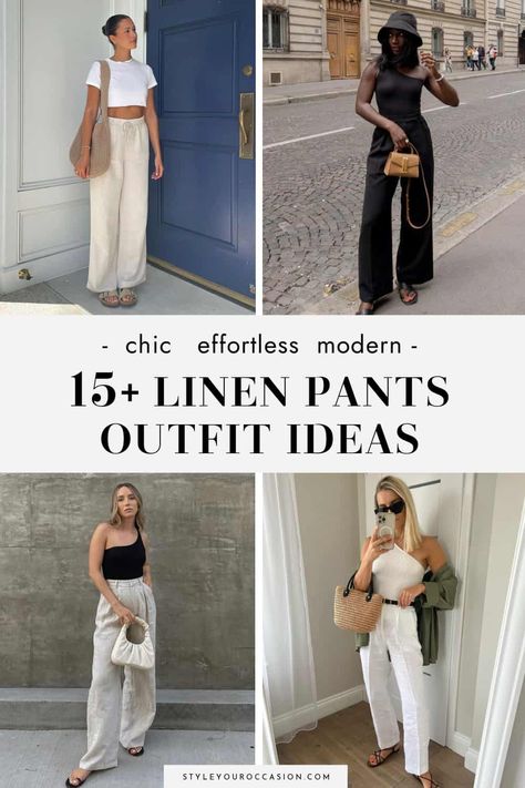 Looking for classy and modern linen pants outfit ideas for women? This list has linen pants outfits for spring, summer, fall, and even winter - both casual and dressy for work. Whether you want to style linen pants for the beach on vacation or for the office, you’ll love these aesthetic outfits and learn how to wear linen pants for every occasion. Neutral Linen Pants Outfit, Oatmeal Linen Pants Outfit, How To Style Linen Pants Casual, How To Wear Linen Pants, Pants Outfit Ideas For Women, Linen Pants Outfit Ideas, Linen Pants Outfits, Linen Pants Work, Flared Linen Pants