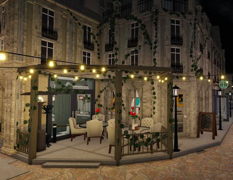 Restaurant Bloxburg Exterior, City Aesthetic Bloxburg, Bloxburg Realistic City Ideas, Roblox Studio Build Ideas, Bloxburg Shop Interior, Bloxburg Paris City Layout, Bloxburg Brick House, Bloxburg Nyc Apartment Interior, Cafe With Apartment Above