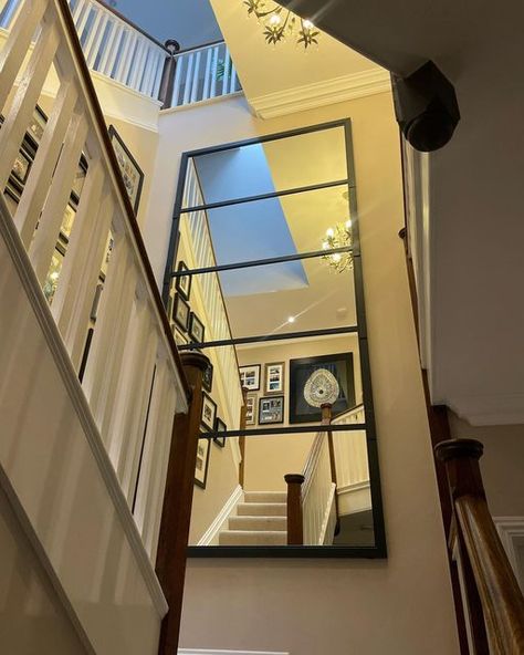 Big Mirror On Stairway Wall, Mirror In Stairway, Stairway Mirror Wall, Mirrors On Staircase Wall, Mirror In Stairwell, Mirror Stairway Wall, Large Landing Ideas Upstairs, Mirror On Stairs, Stairway Mirror